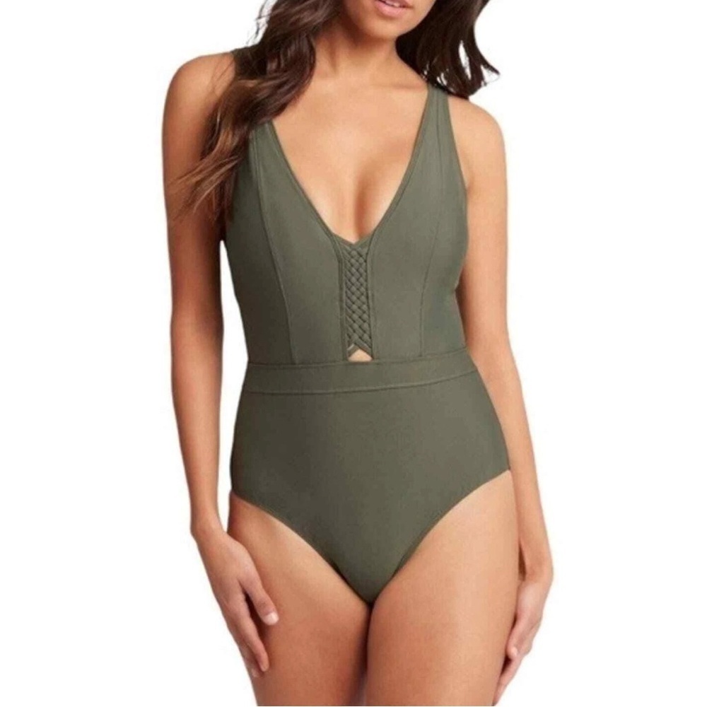 Sea Level Australia Plunge Multifit One Macrame in Khaki One-Piece Swimsuit 12